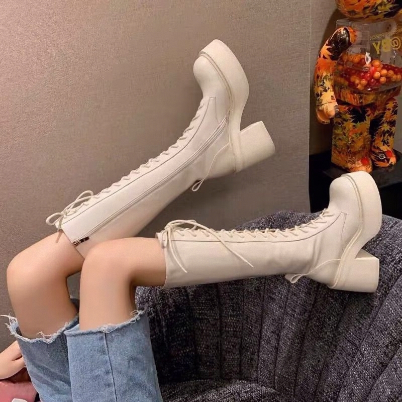 White  Boots Thick Bottom High - Pipe Bending Spring のレビューと価格