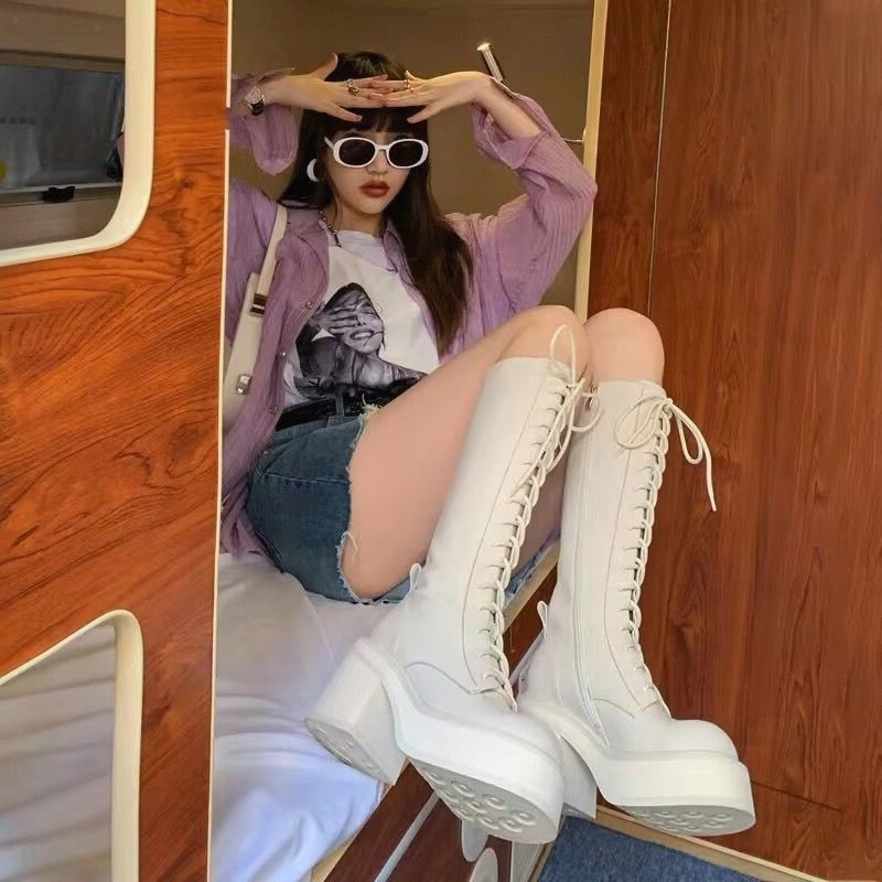 White  Boots Thick Bottom High - Pipe Bending Spring のレビューと価格